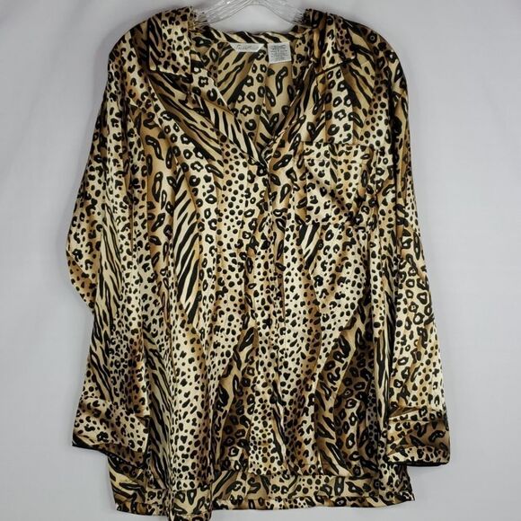 L SATIN LEOPARD Black Brown Long Sleeve button front lounge top blouse LARGE - Picture 1 of 14